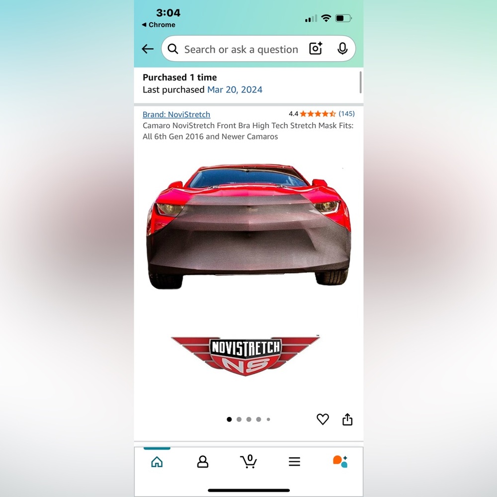 Novistretch mask (bra) for 6th gen Camaro.